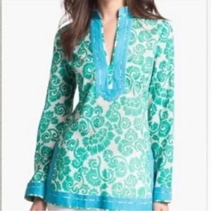 Tory Burch Teal and White Floral Tunic Top Size 0